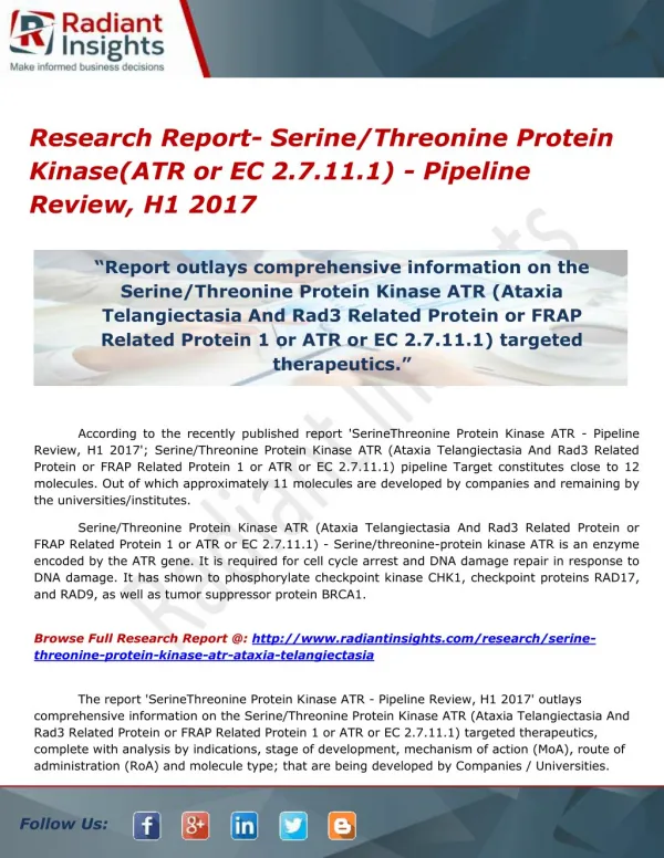 Research Report- Serine-Threonine Protein Kinase(ATR or EC 2.7.11.1) - Pipeline Review, H1 2017