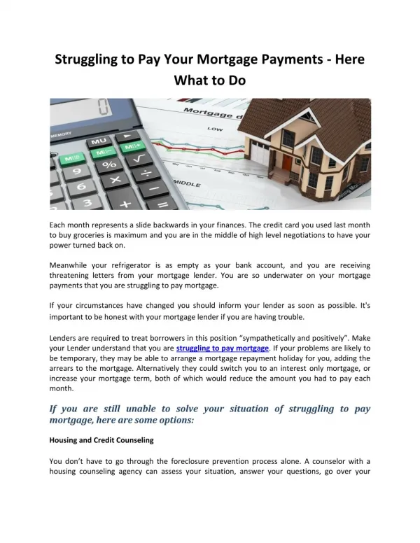 Struggling to Pay Your Mortgage Payments - Here What to Do