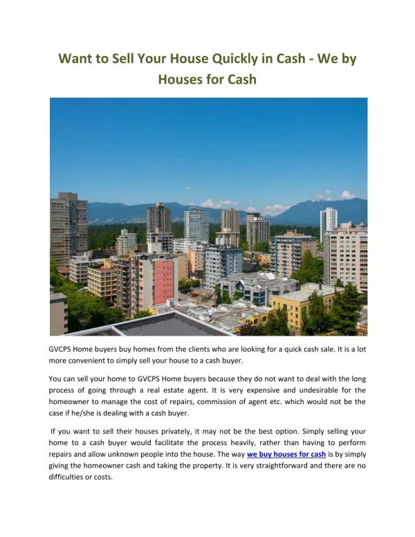 Want to Sell Your House Quickly in Cash - We by Houses for Cash