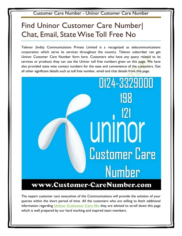 Uninor Customer Care Number