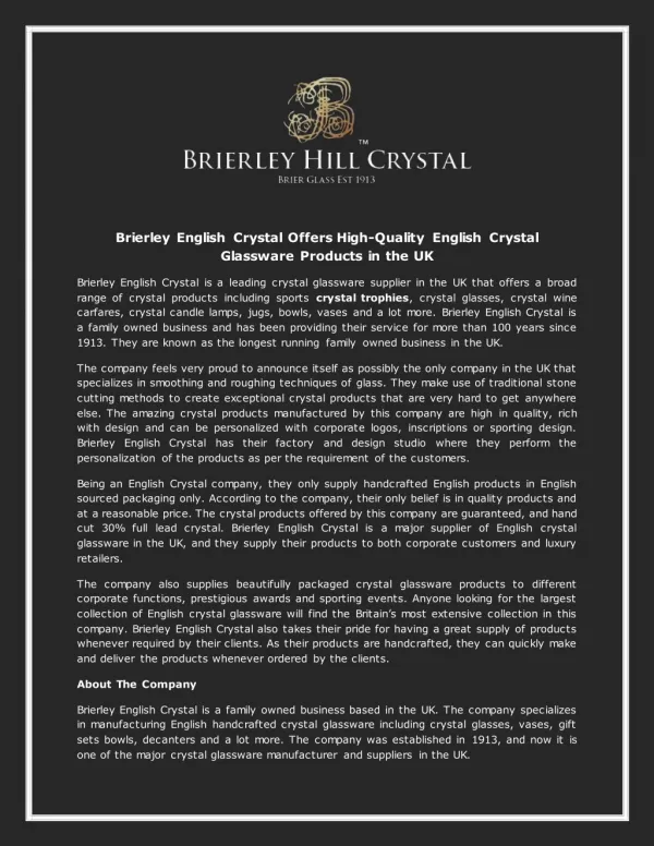 Brierley English Crystal Offers High-Quality English Crystal Glassware Products in the UK