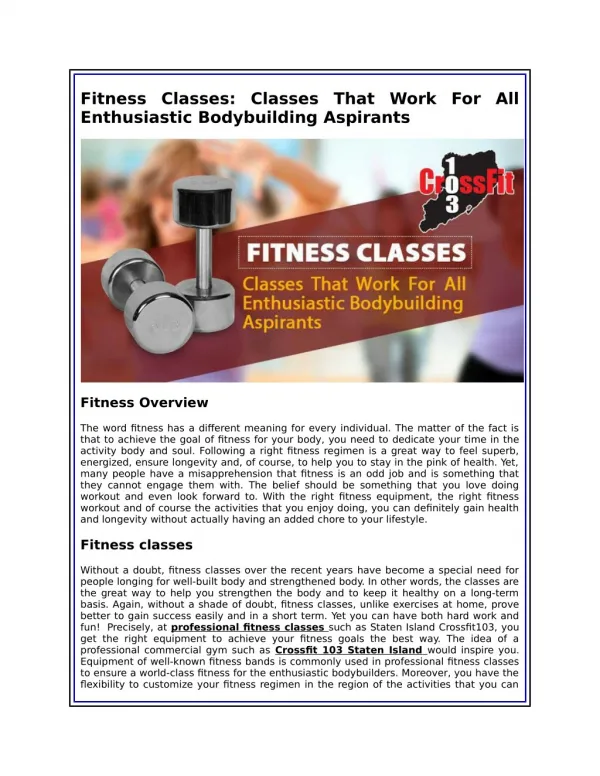 Fitness Classes: Classes That Work For All Enthusiastic Bodybuilding Aspirants