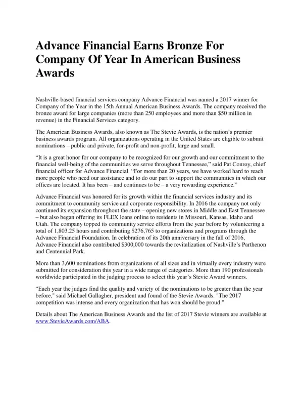 Advance Financial Earns Bronze For Company Of Year In American Business Awards