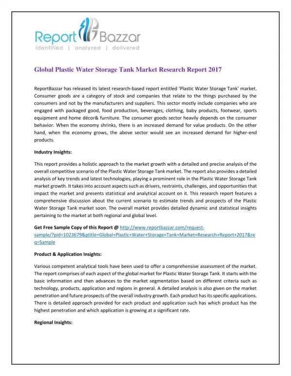 Global Plastic Water Storage Tank Market Research Report 2017