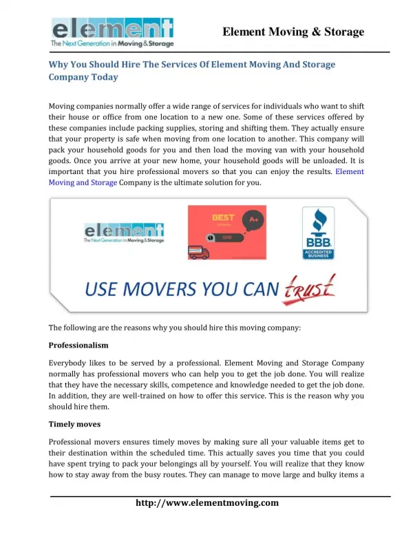 Why You Should Hire The Services Of Element Moving And Storage Company Today