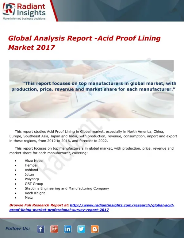 Global Analysis Report -Acid Proof Lining Market 2017