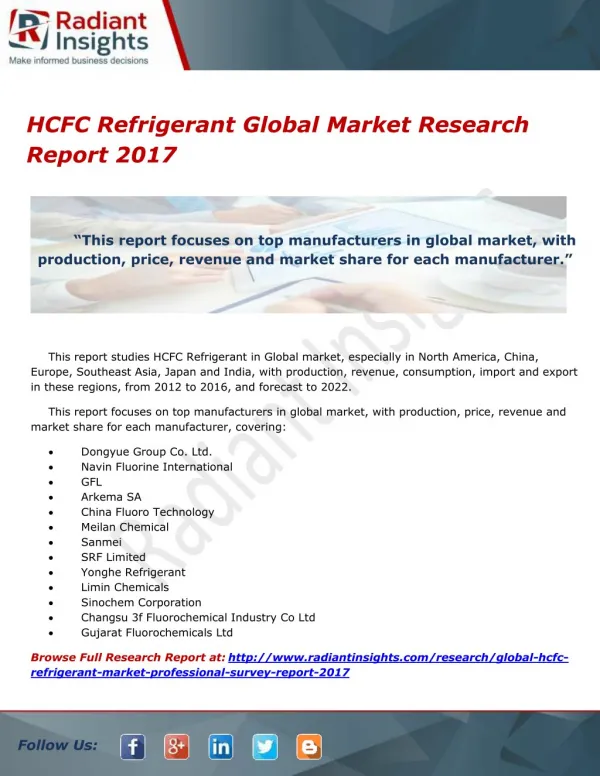 HCFC Refrigerant Global Market Research Report 2017