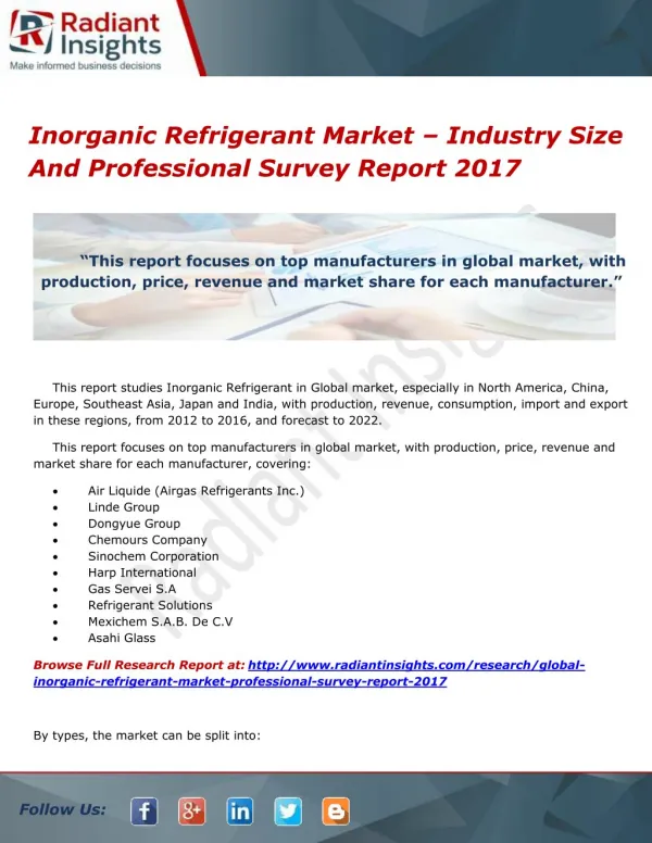Inorganic Refrigerant Market – Industry Size And Professional Survey Report 2017