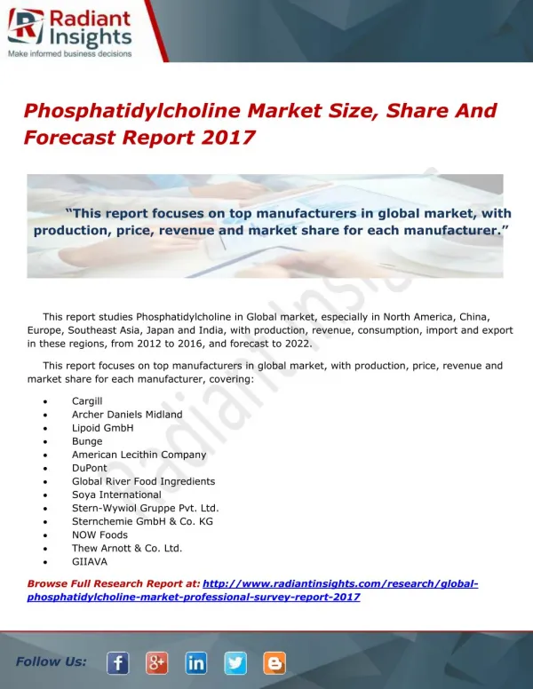 Phosphatidylcholine Market Size, Share And Forecast Report 2017