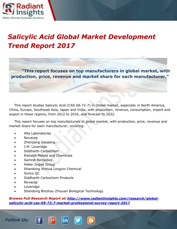 Salicylic Acid Global Market Development Trend Report 2017