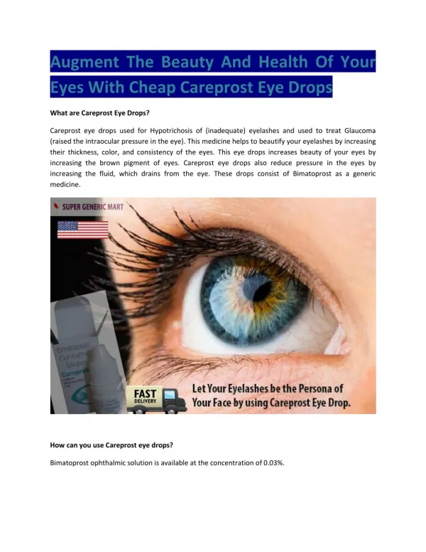 Cheap Careprost Eye Drops 0.03 (Bimatoprost) Buy Online USA