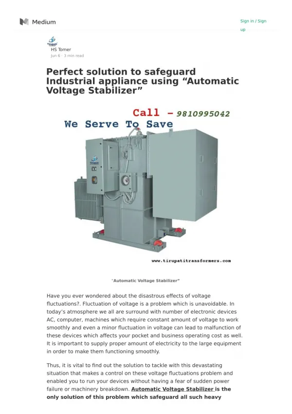 Perfect solution to safeguard Industrial appliance using “Automatic Voltage Stabilizer”