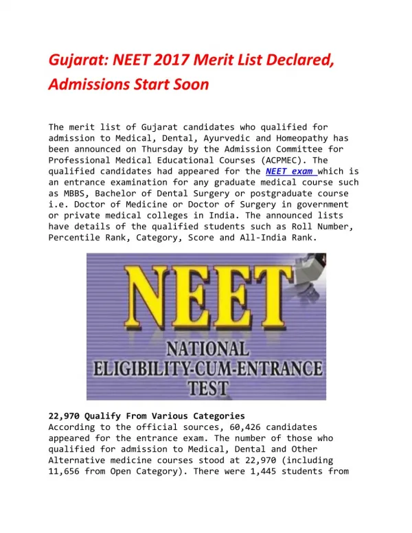 Gujarat: NEET 2017 Merit List Declared, Admissions Start Soon