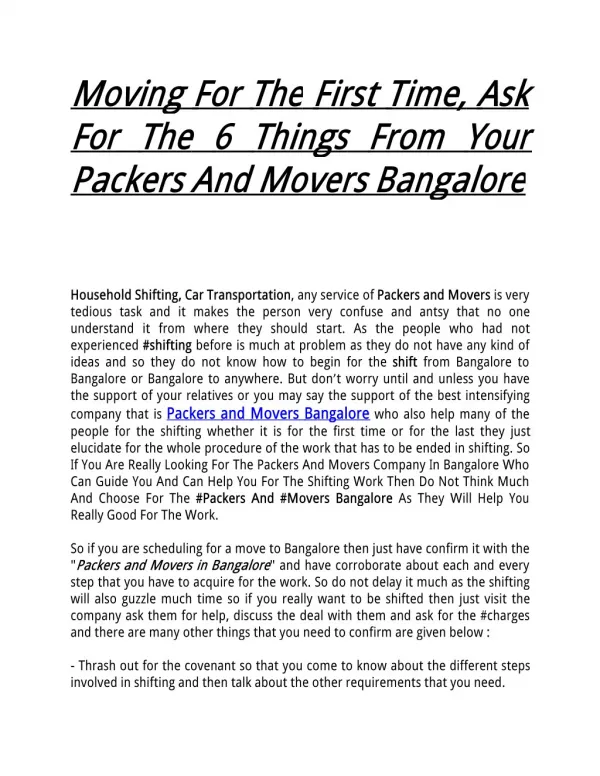 Moving For The First Time, Ask For The 6 Things From Your Packers And Movers Bangalore