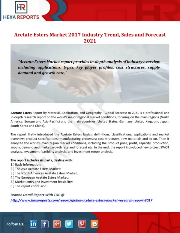 Acetate Esters Market 2017 Industry Trend, Sales and Forecast 2021