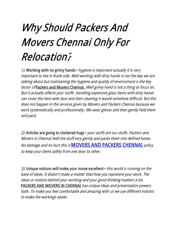 Why Should Packers And Movers Chennai Only For Relocation?