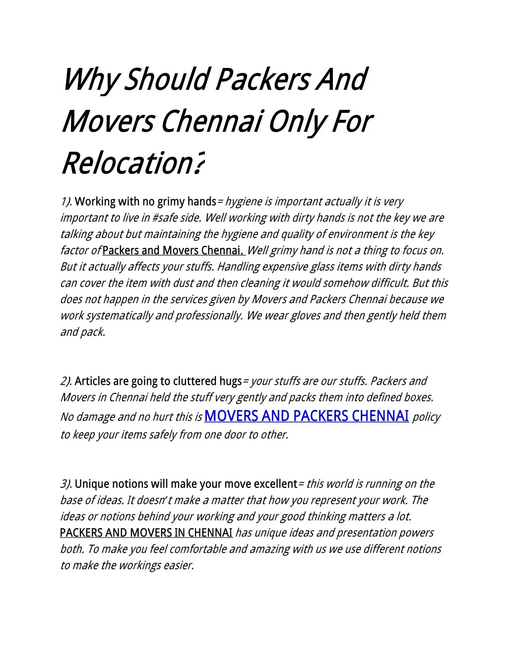 why should packers and movers chennai only