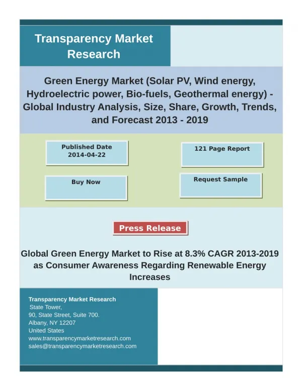 Green Energy Industry Insights With Key Company Profiles - Demand, Analysis, Forecast To 2019