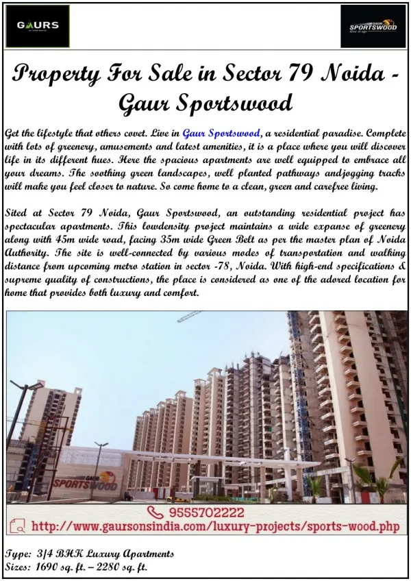 Property For Sale in Sector 79 Noida - Gaur Sportswood
