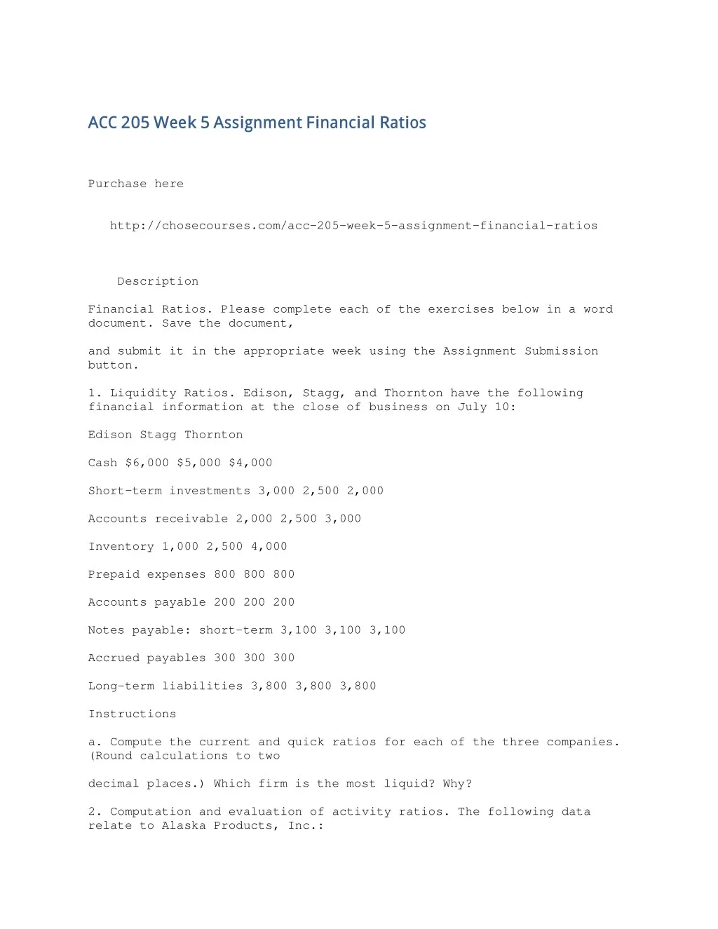acc 205 week 5 assignment financial ratios