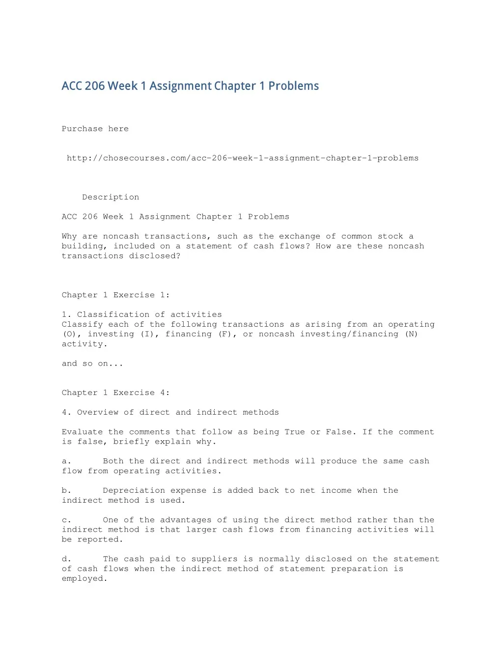 acc 206 week 1 assignment chapter 1 problems