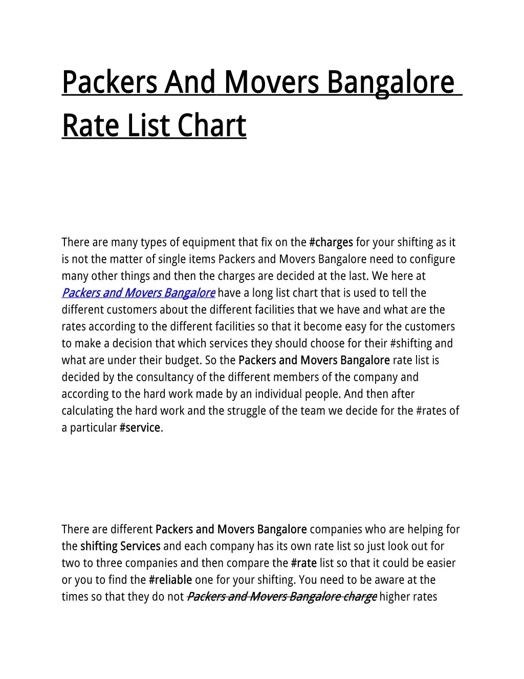 packers and movers bangalore rate list chart