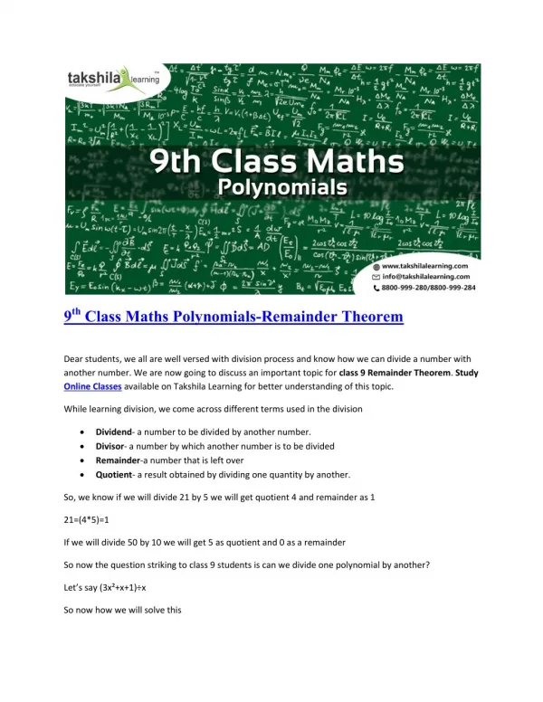 9th class Maths _Polynomials_Remainder theorm