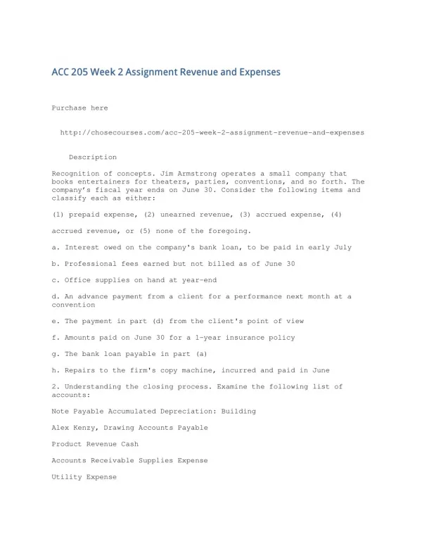 ACC 205 Week 2 Assignment Revenue and Expenses