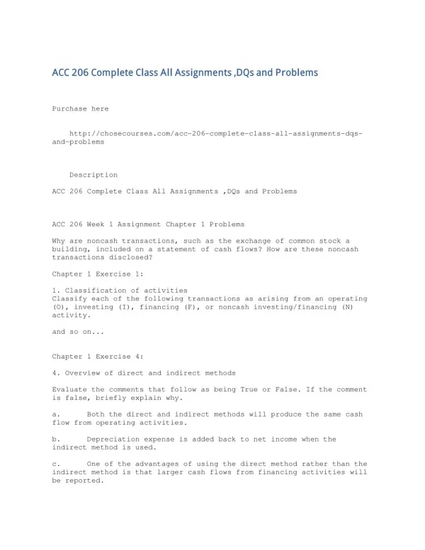 ACC 206 Complete Class All Assignments ,DQs and Problems