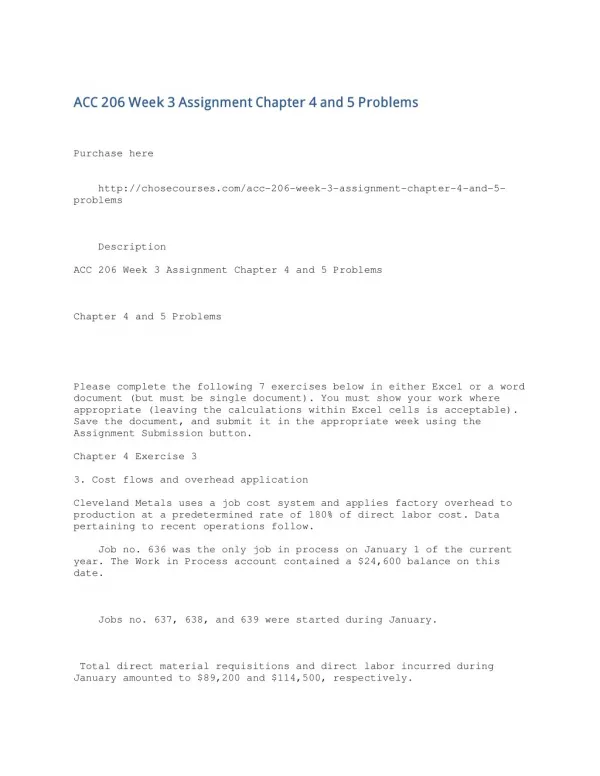 ACC 206 Week 3 Assignment Chapter 4 and 5 Problems