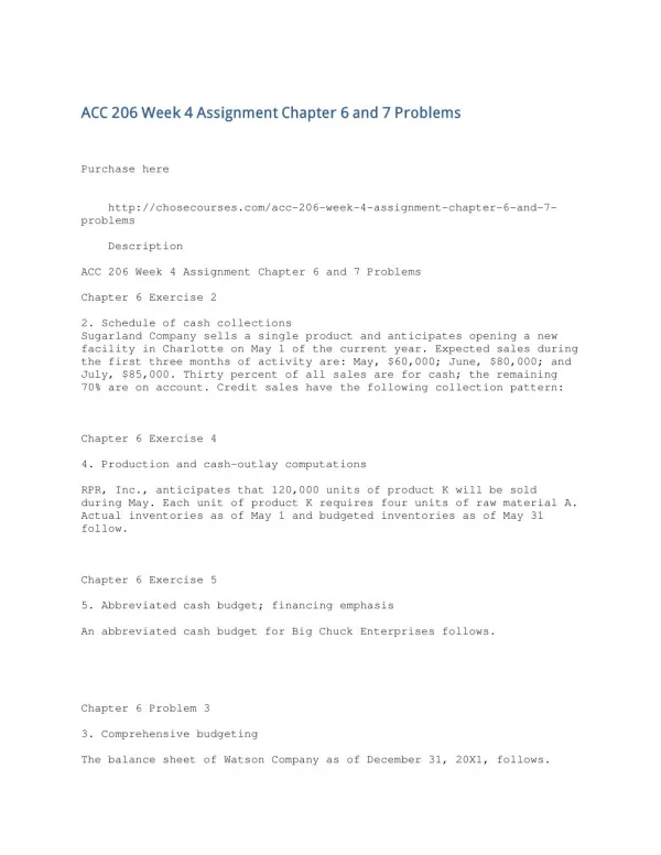 ACC 206 Week 4 Assignment Chapter 6 and 7 Problems