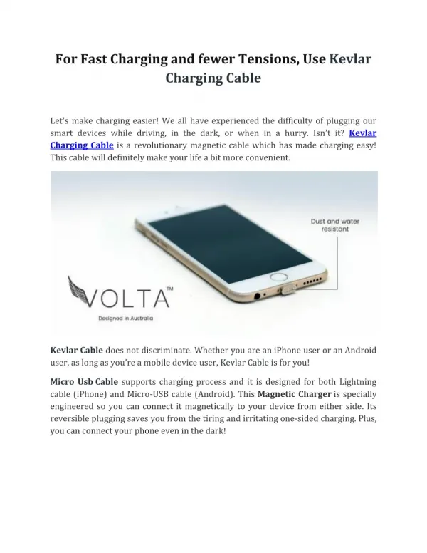 For Fast Charging and fewer Tensions, Use Kevlar Charging Cable