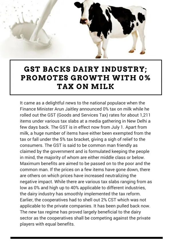 GST Backs Dairy Industry; Promotes Growth with 0% Tax on Milk