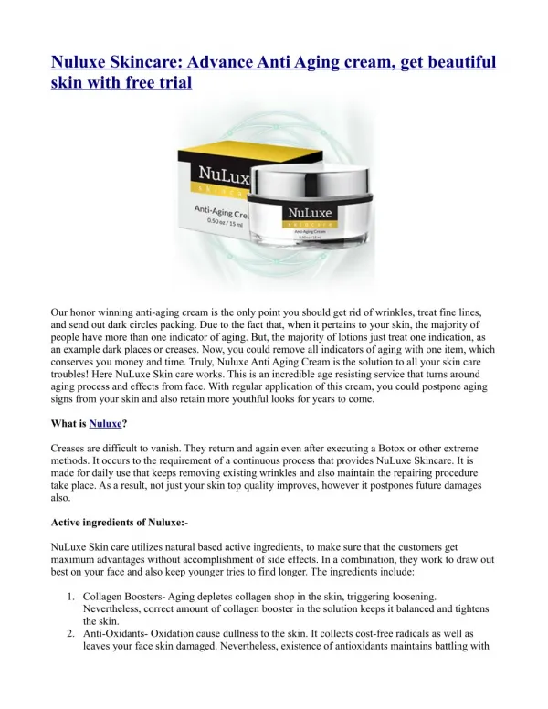 Nuluxe Skincare: Advance Anti Aging cream, get beautiful skin with free trial