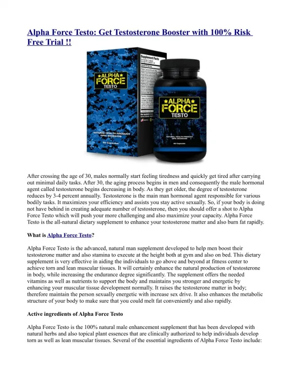 Alpha Force Testo: Get Testosterone Booster with 100% Risk Free Trial !!