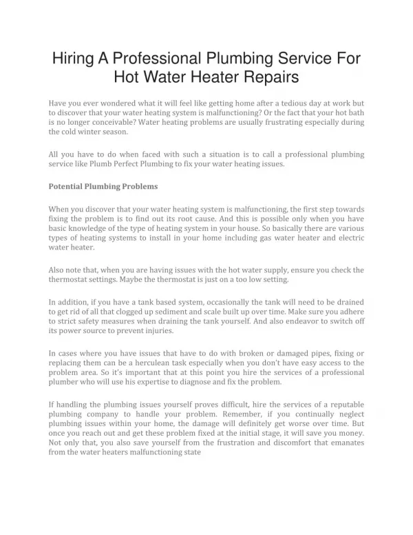 Hiring A Professional Plumbing Service For Hot Water Heater Repairs