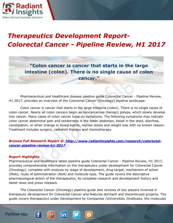 Therapeutics Development Report- Colorectal Cancer - Pipeline Review, H1 2017