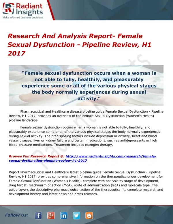 Research And Analysis Report- Female Sexual Dysfunction - Pipeline Review, H1 2017