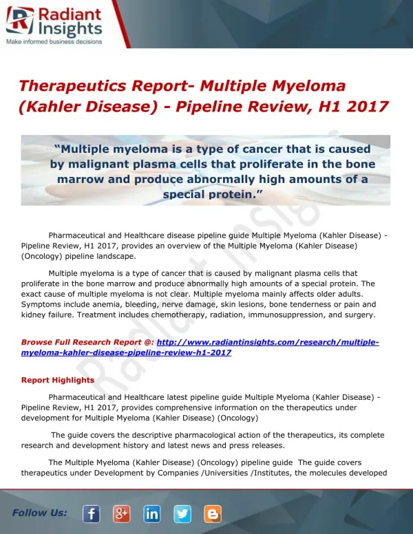 Therapeutics Report- Multiple Myeloma (Kahler Disease) - Pipeline Review, H1 2017