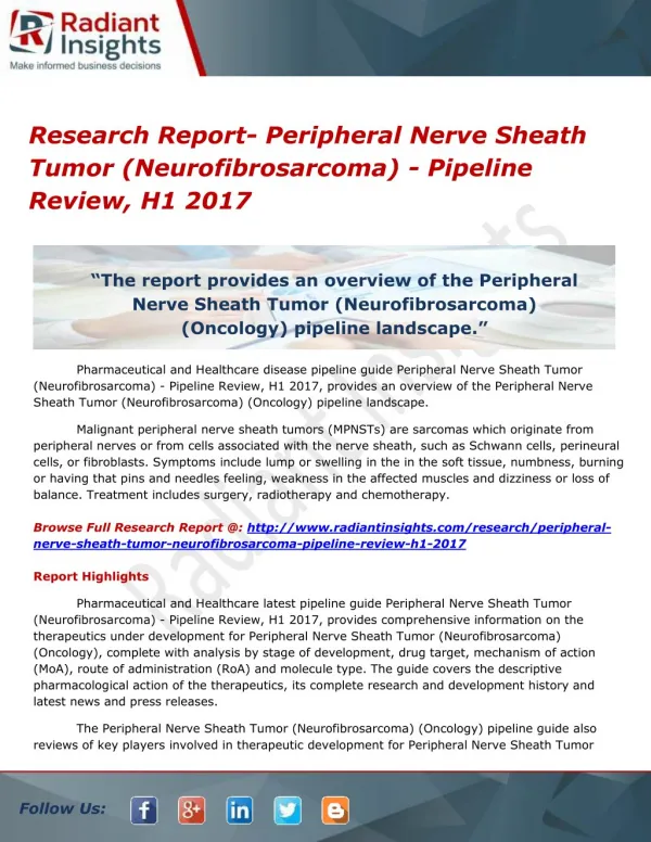 Research Report- Peripheral Nerve Sheath Tumor (Neurofibrosarcoma) - Pipeline Review, H1 2017
