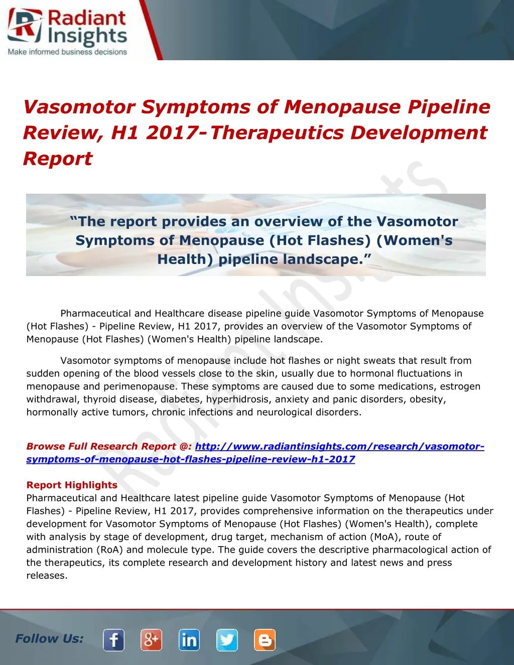 vasomotor symptoms of menopause pipeline review