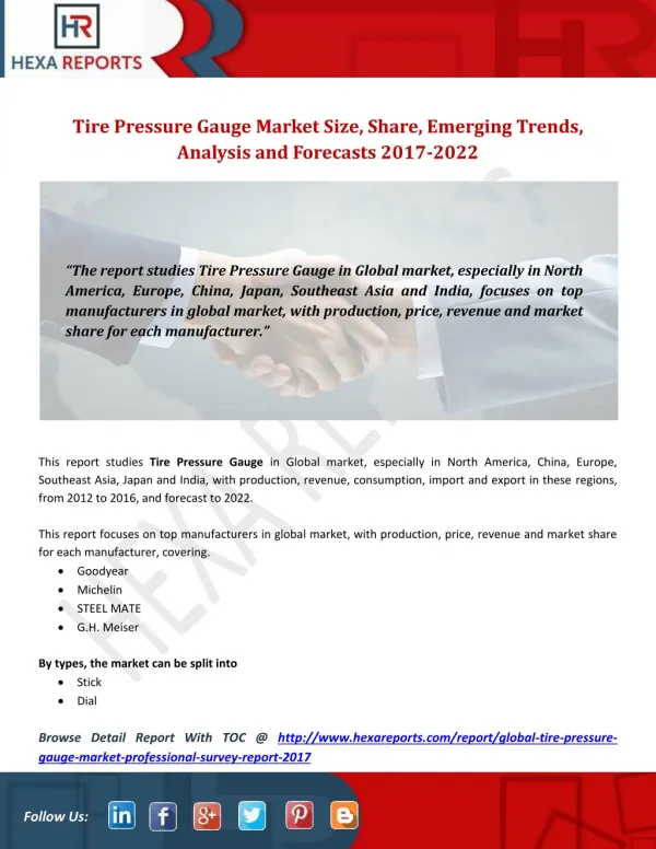 Tire Pressure Gauge Market Size, Share, Emerging Trends, Analysis and Forecasts 2017-2022