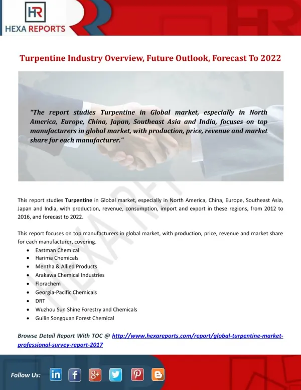 Turpentine Industry Overview, Future Outlook, Forecast To 2022
