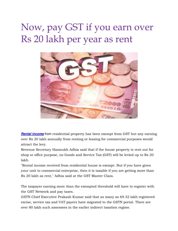 Now, pay GST if you earn over Rs 20 lakh per year as rent