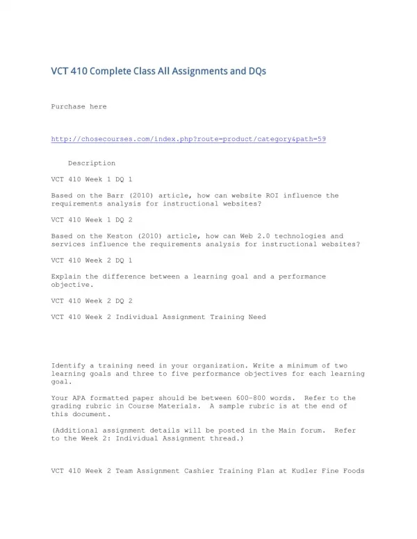 VCT 410 Complete Class All Assignments and DQs