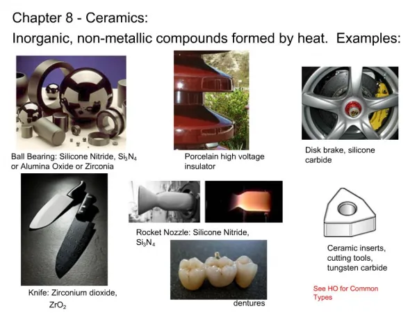 Chapter 8 - Ceramics: Inorganic, non-metallic compounds formed by heat. Examples: