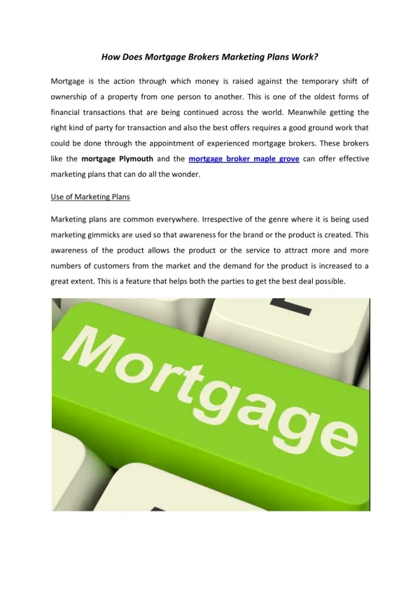 How Does Mortgage Brokers Marketing Plans Work?