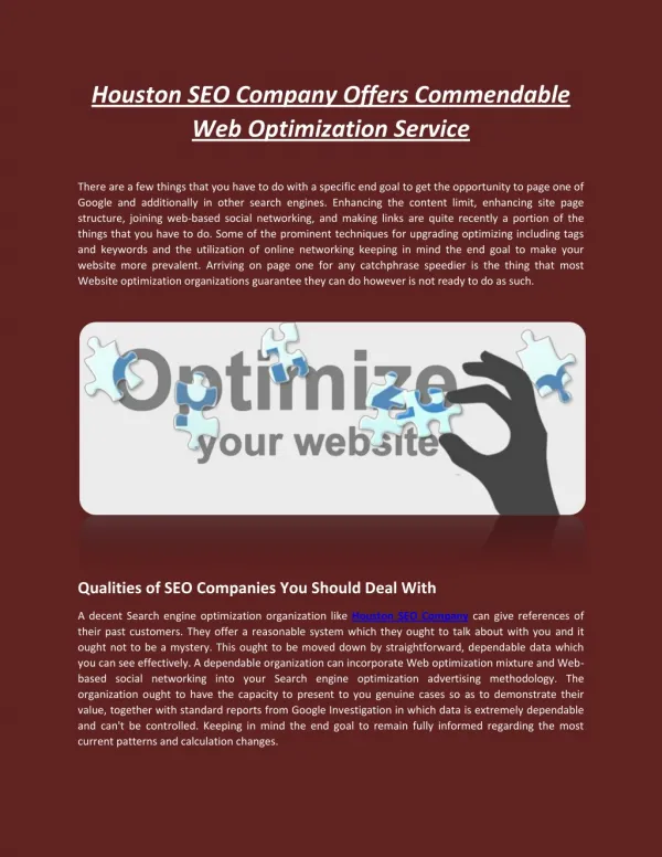 Houston SEO Company Offers Commendable Web Optimization Service
