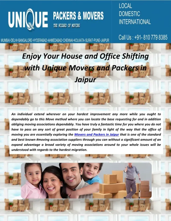 Enjoy Your House and Office Shifting with Unique Movers and Packers in Jaipur