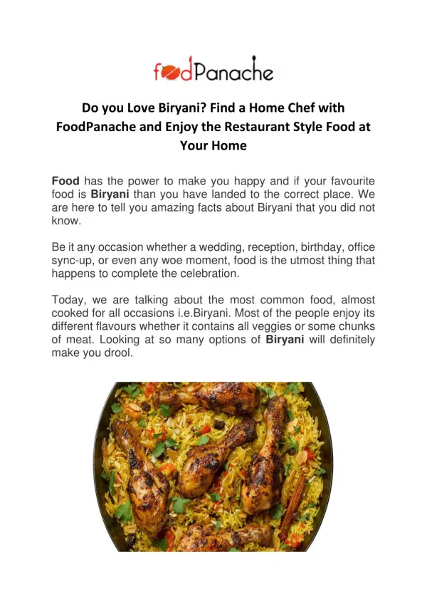 Do you Love Biryani? Find a Home Chef with FoodPanache and Enjoy the Restaurant Style Food at Your Home